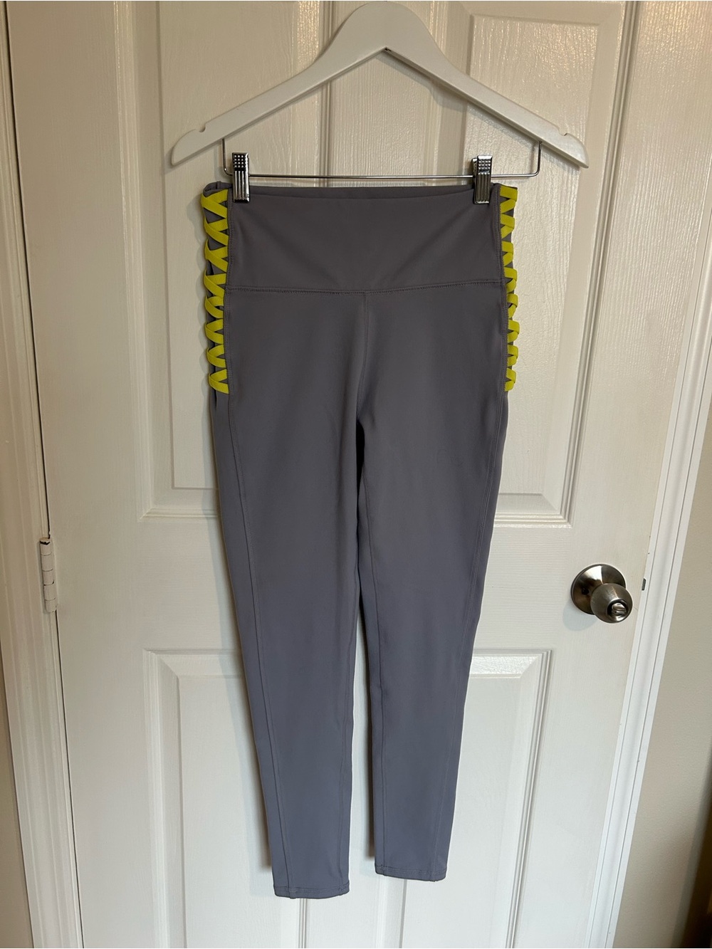 Fabletics Gray Leggings with Yellow Side Braid